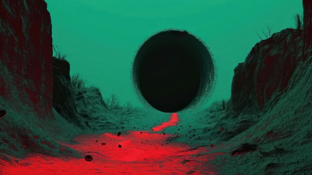 Surreal landscape featuring a dark sphere in a vibrant canyon with glowing red terrain