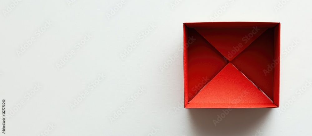 Poster red folded cardboard box on a white background ideal for arts and crafts themes with ample space for
