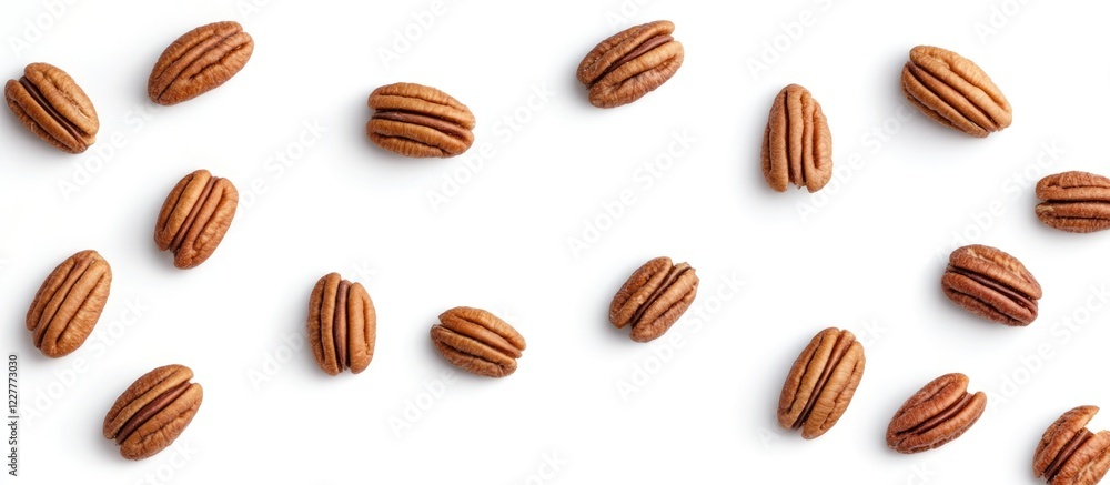 Poster pecan nuts arranged artistically on a white background with ample space for text or branding showcas