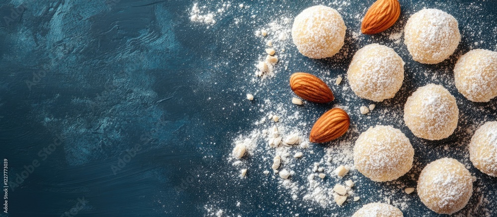 Poster delicious marzipan sweets arranged on a dark surface with powdered nuts and almonds creating an invi
