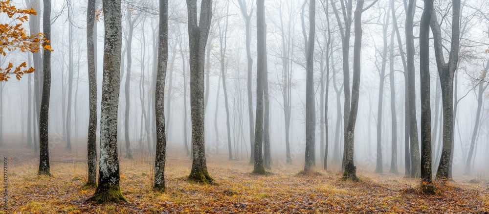 Poster misty forest landscape with temperature inversion and cold air conditions featuring empty space for 