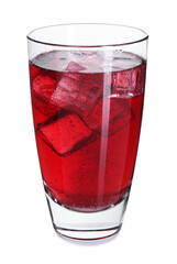 Sweet soda water with ice cubes in glass isolated on white