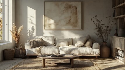 Sunlit living room, beige sofa, natural decor, autumnal background, home design