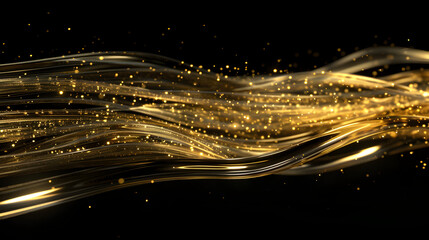 Obraz premium A flowing golden wave with shimmering particles on a dark background.