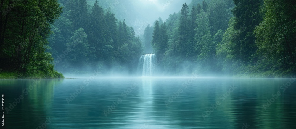 Poster serene forest river with flowing water and misty lakes creating tranquil natural landscape for text 