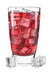 Sweet soda water in glass and ice cubes isolated on white