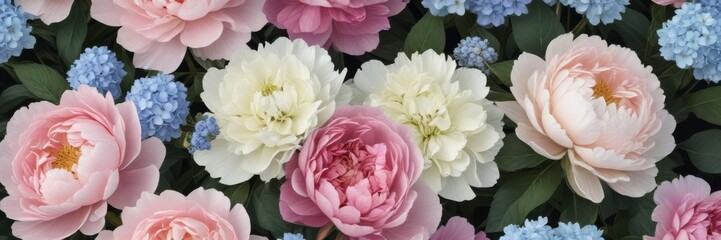Delicate peonies and hydrangeas in a modern floral pattern, modern design, flowers, elegant