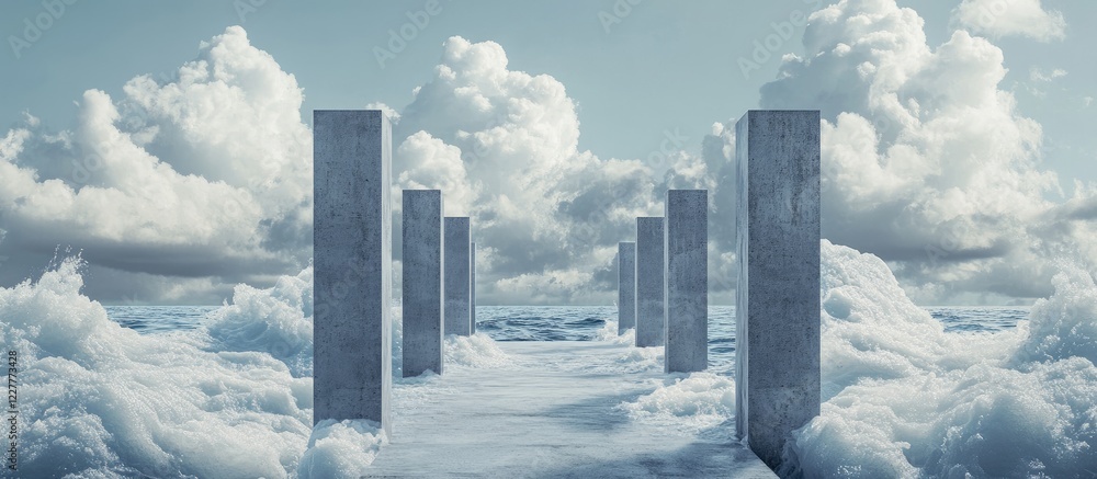 Aufkleber Foam on concrete pillars over a serene sea with clouds and empty space for text in a dreamlike atmosphere