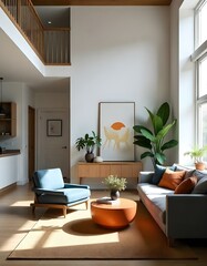 Modernes, lichtdurchflutetes Wohnzimmer Interieur in einem Neubau mit Galerie