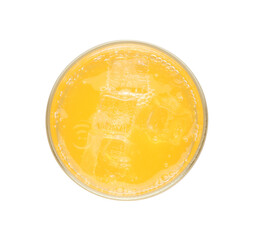 Sweet soda water with ice cubes in glass isolated on white, top view