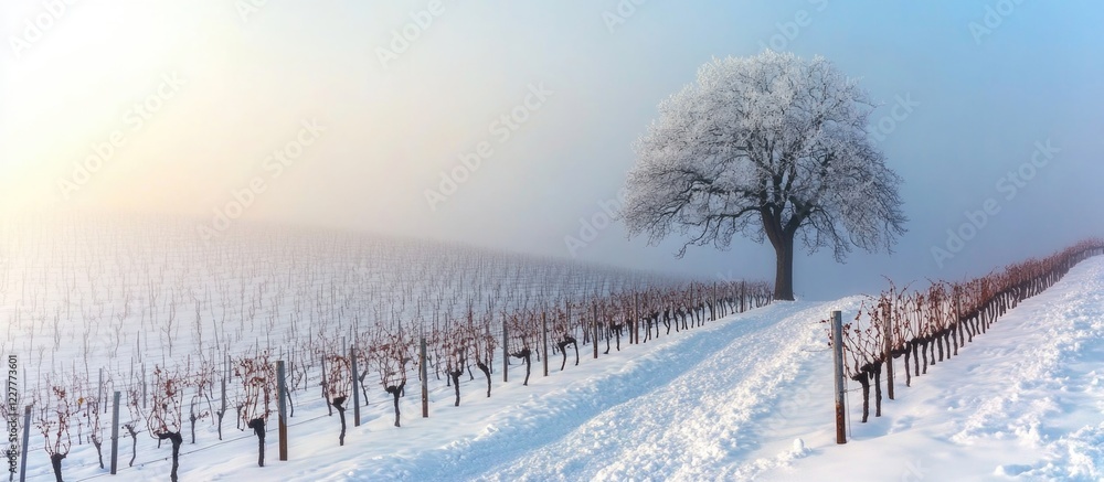 Poster foggy winter landscape featuring a solitary tree in a snow-covered vineyard with ample space for add