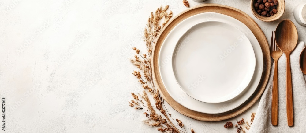 Poster elegant table setting with plates and cutlery on a soft background ideal for home dining showcasing 