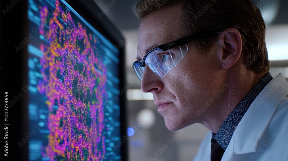 Poster scientist analyzing colorful data on computer screen