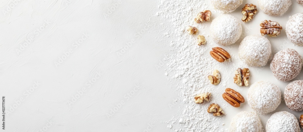 Poster flat lay composition of marzipan sweets dusted with powdered nuts on a light background with space f