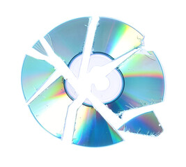 Broken compact disc isolated on white, top view
