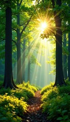 Bucolic scene with sunlit forest glade and trees radiating light through leaves, nature, forest, dappled light