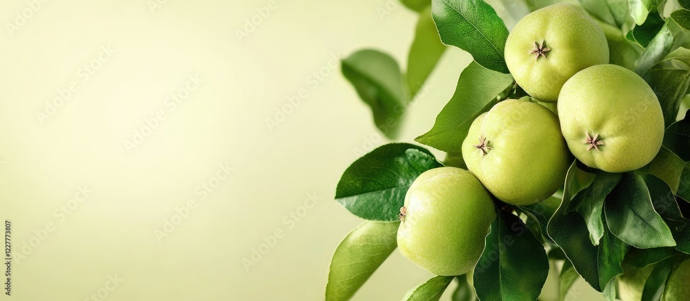 Poster green quince fruits on tree surrounded by leaves with soft background and blank space for text or de