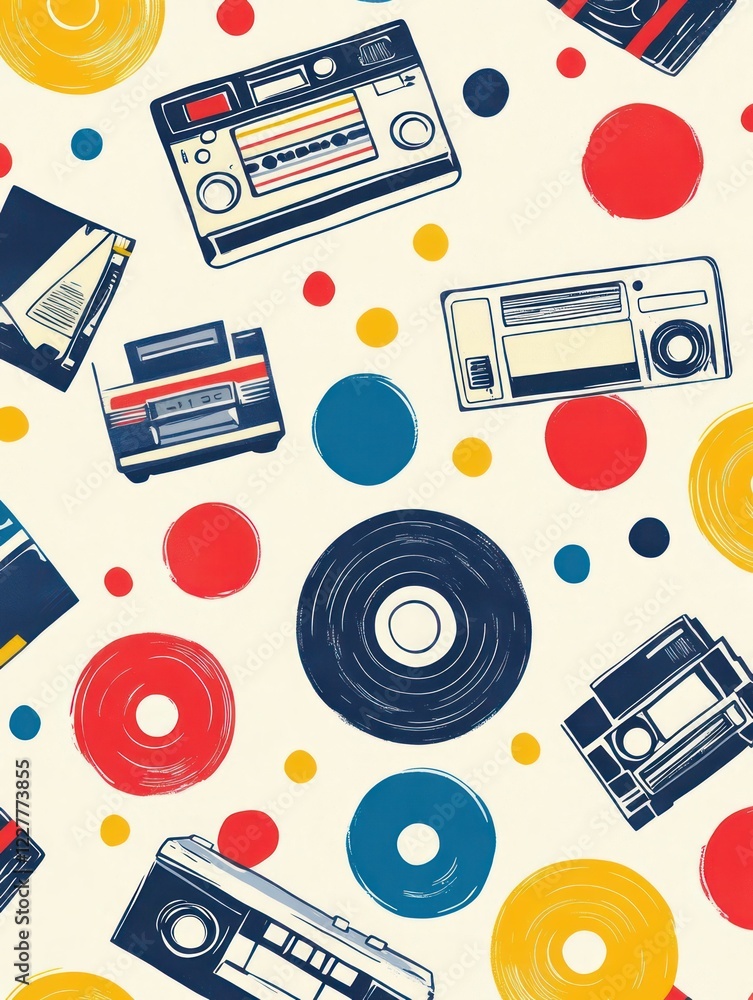 Poster retro audio equipment and colorful circles pattern on off-white background with various radio casset
