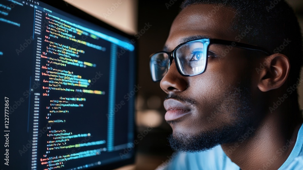 Poster focused programmer analyzing code on screen at night