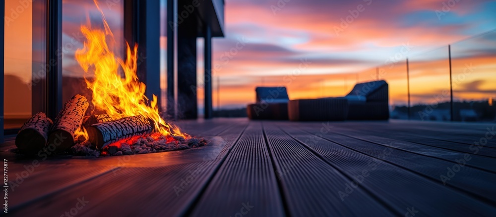 Poster warm evening glow from fireplace on modern terrace with vibrant sunset sky and empty space for text 