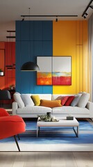 Modern interior design with vibrant colors, including red, blue, and yellow, featuring a white sofa set
