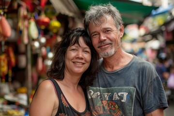 Naklejka premium Portrait of a blissful couple in their 40s sporting a vintage band t-shirt while standing against bustling urban market