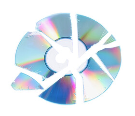 Broken compact disc isolated on white, above view