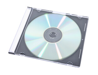 Shiny compact disc in jewel case isolated on white