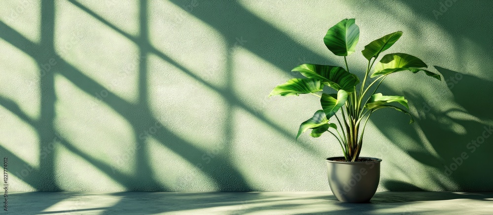 Poster green potted plant near window creating dynamic shadows on wall with ample empty space for text or b