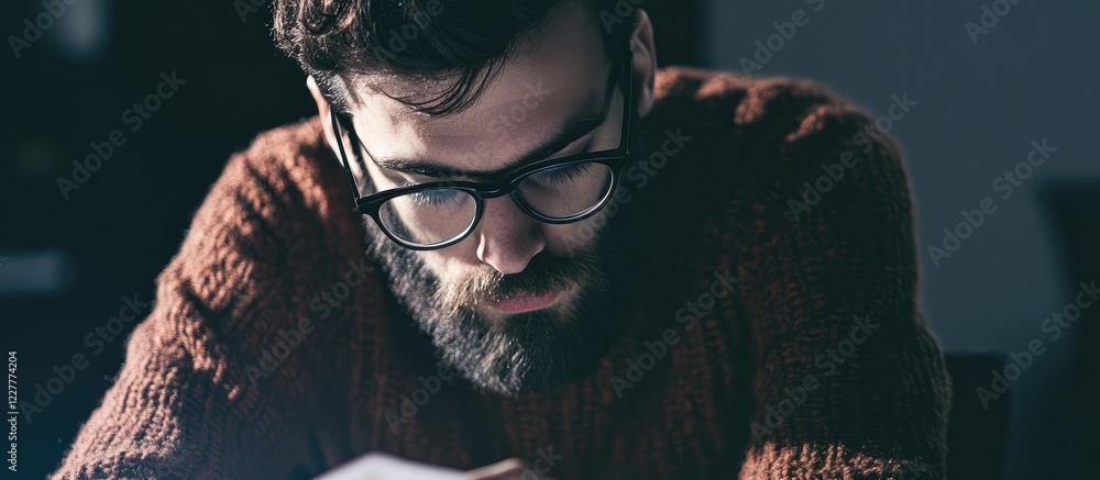 Poster young man with beard and glasses concentrating on project with blank space for text in a modern work
