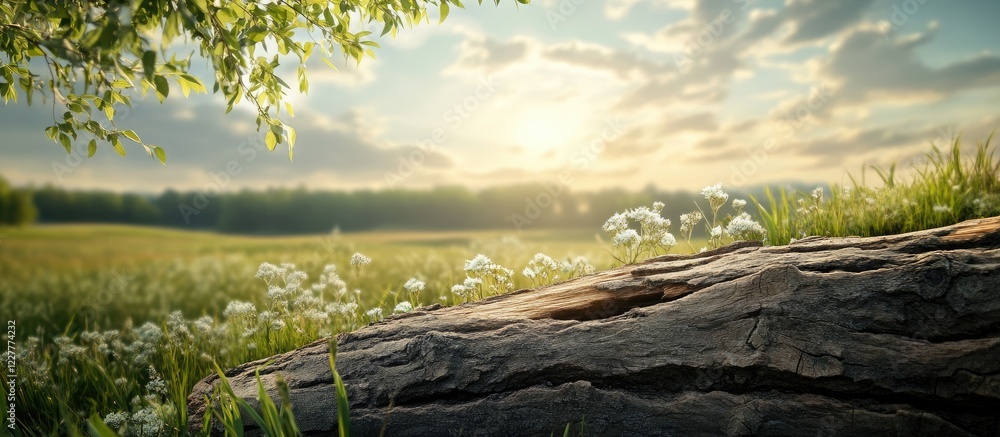 Poster eucalyptus tree bark on log with sunlight in summer meadow and green grass field providing space for