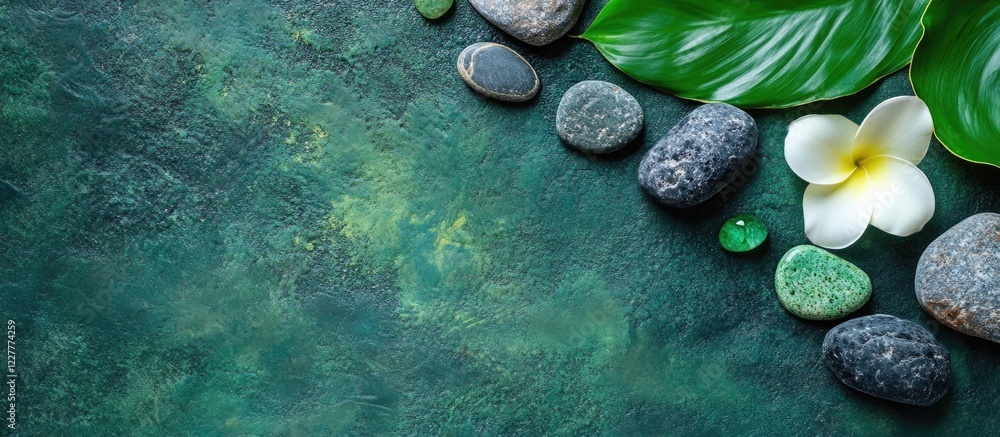 Poster relaxing green spa setting with stones and tropical leaves featuring blank space for custom text or 