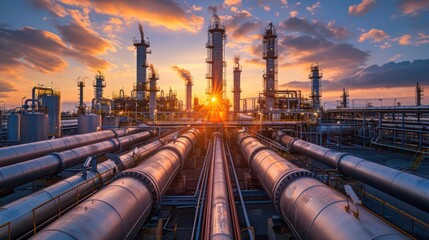 Industrial landscape at sunset with pipelines and smokestacks against a vibrant sky