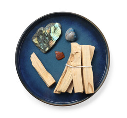 Palo santo sticks and gemstones isolated on white, top view