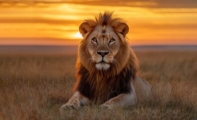 Obraz premium Majestic Lion Resting in African Savannah at Sunset, Regal and Serene