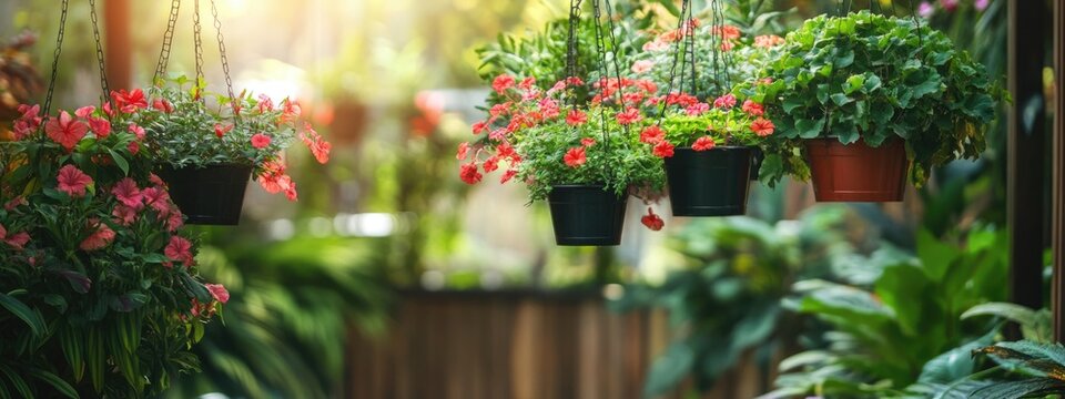 Dreamy tropical garden with hanging flower pots lush landscaping ideas in backyard patio serene atmosphere with empty copy space for text