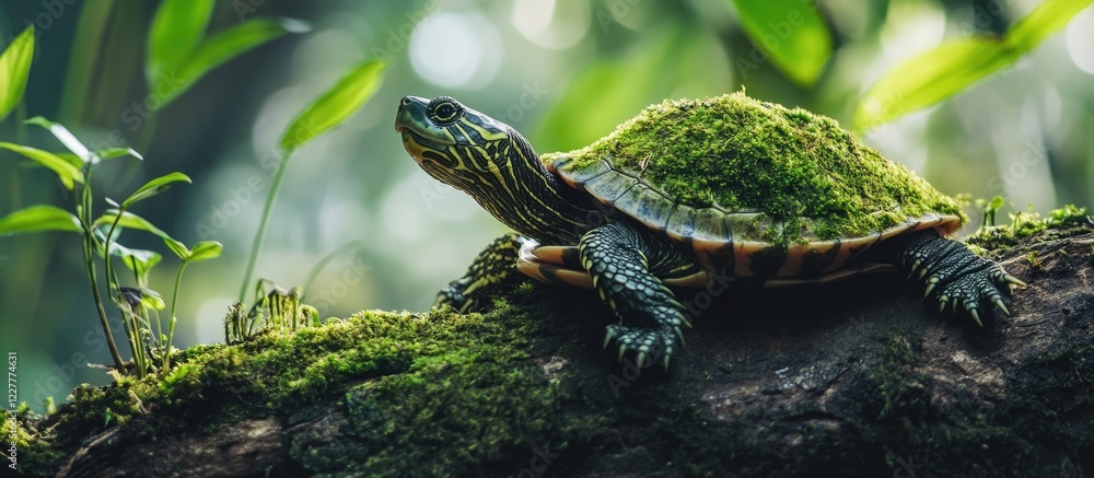 Poster moss covered turtle resting on tree trunk in vibrant rainforest with natural bokeh background suitab