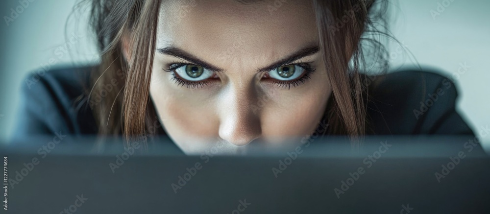 Aufkleber focused female cybersecurity expert analyzing data during penetration testing with blank space for o