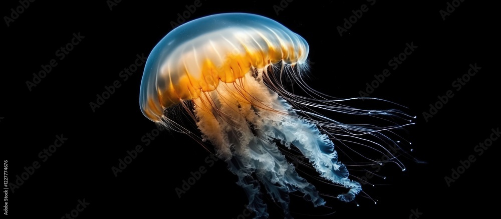 Poster glowing jellyfish floating in dark ocean water with space for custom text or graphics