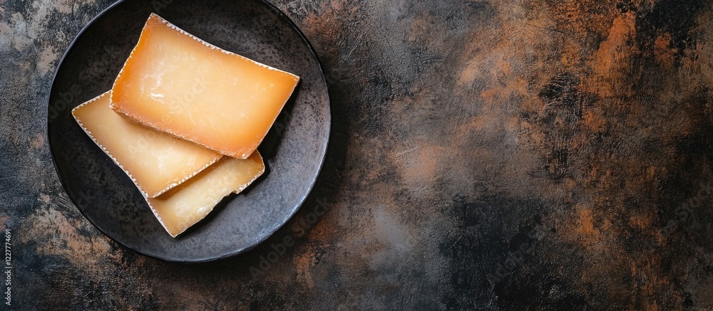 Poster gouda cheese slices on dark plate with room for text and food styling elements in rustic atmosphere