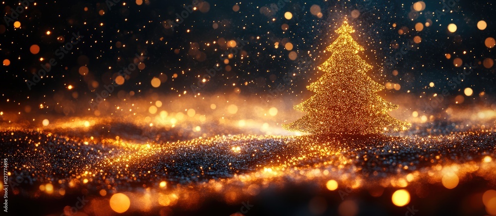 Poster illuminated christmas tree with firefly lights in a glowing atmosphere and empty space for text or h
