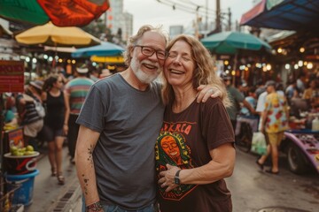 Portrait of a blissful couple in their 40s sporting a vintage band t-shirt in front of bustling urban market