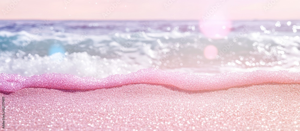 Poster glittery pink beach background with soft waves creating ample copy space for text or promotional con