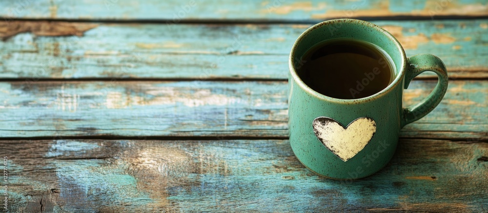 Poster green mug with heart design on rustic wooden table providing ample copy space for text and branding 