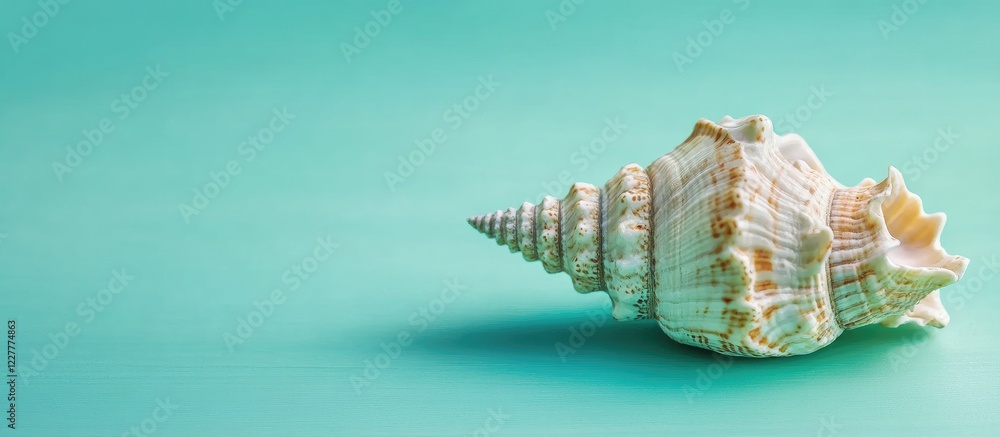 Poster elegant green seashell positioned on a soothing pastel background with ample empty space for persona
