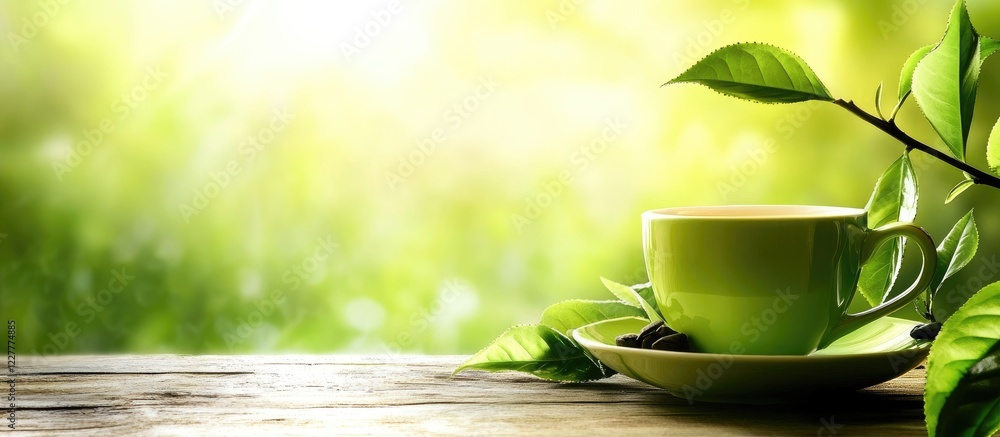 Poster fresh green tea leaves with a cup in a serene natural setting and ample space for adding text or bra