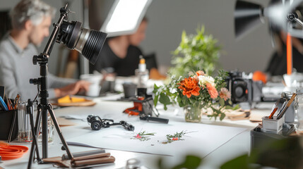 Creative workspace with professionals collaborating on floral designs