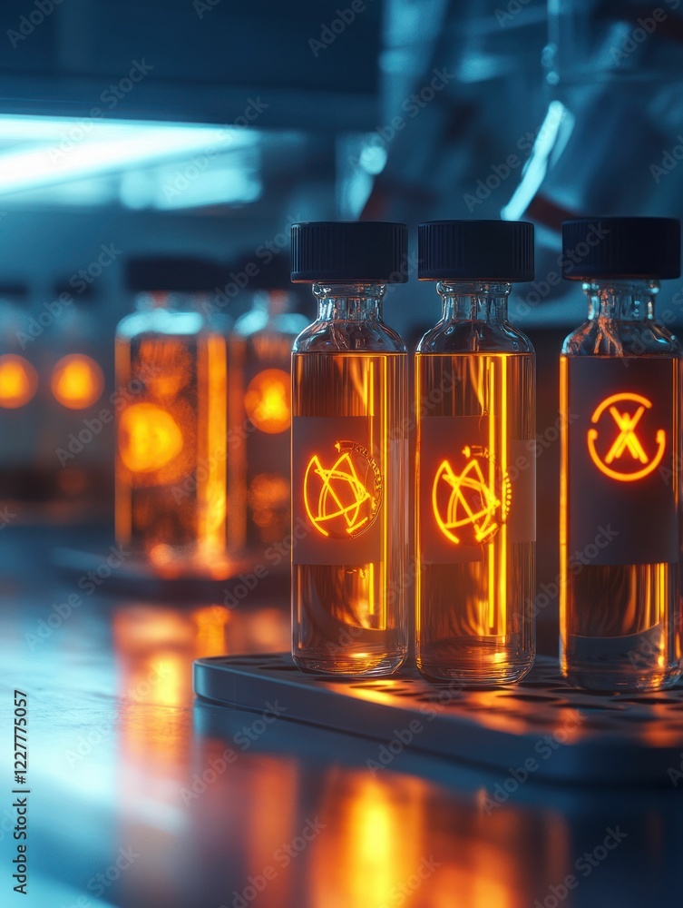 Poster illuminated bottles with symbol patterns on their labels in laboratory environment