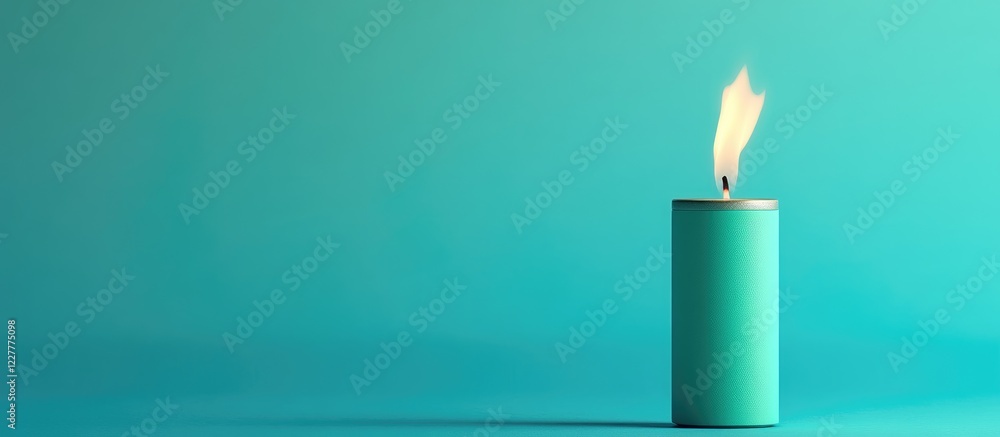 Poster minimalist green lighter with flame on blue background empty space for text symbolizing creativity a