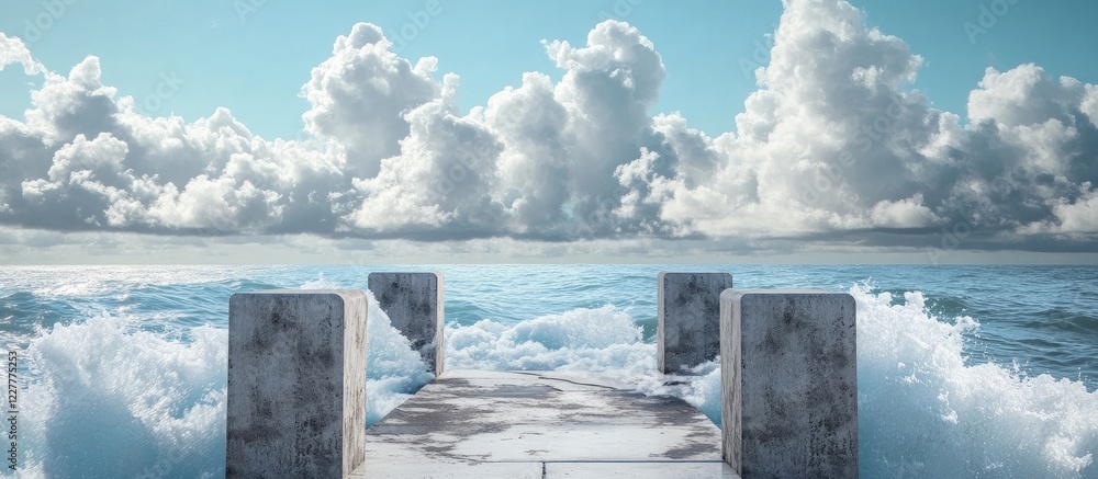 Aufkleber foam on concrete pillars with ocean waves and cloudy sky backdrop featuring ample space for text or 